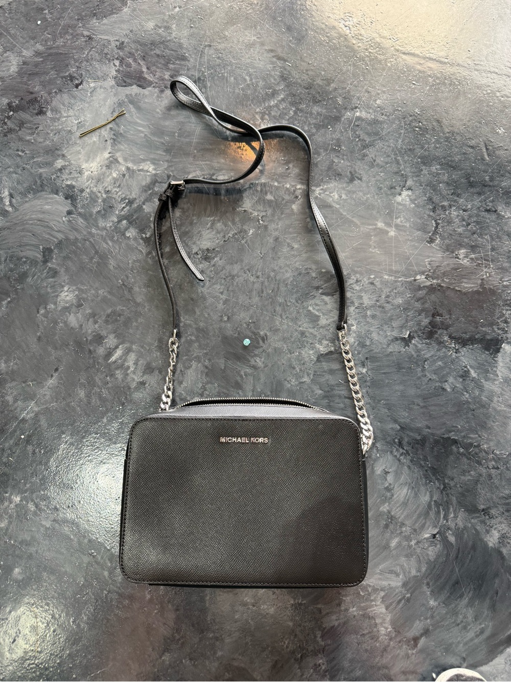 MICHAEL KORS Black Saffiano Leather Crossbody with Silver Chain